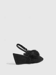 CUCCOO SZL Pointed Plush Decorative Lace-Up Wedge Heels, Black Suede With Buckle-Back Women's High Heels, Suitable For Parties And Evening Wear - Black - View 5
