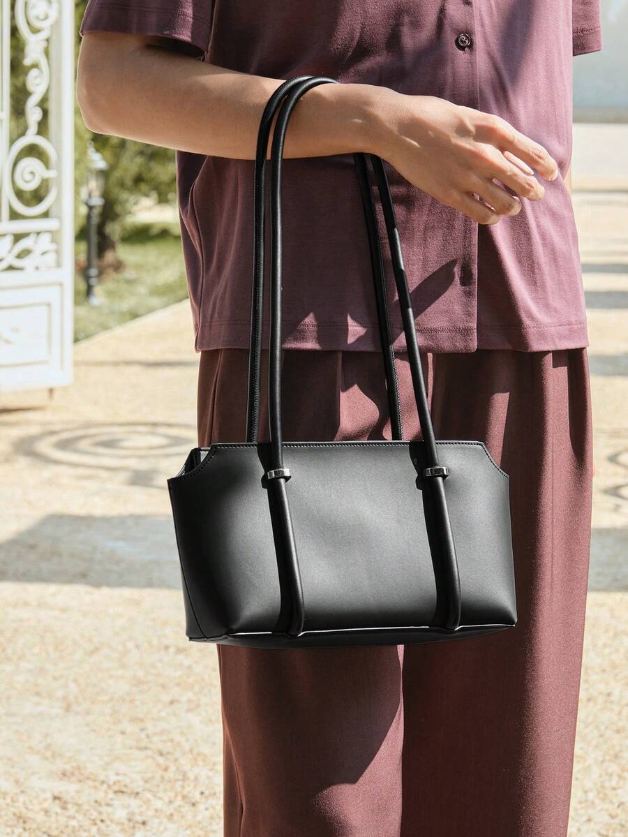SHECARRY Women's Fashionable Black Shoulder Bag, Exquisite Metal Buckle Decoration, Simple And Versatile Tote Bag, For Daily, Commuting, Shopping, Travel - Black - View 1