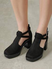 Styleloop Outdoor Women's Square Head Cross Strap Design Is Fashionable, Simple, Breathable And Comfortable, Buckle Strap Single Shoes For Parties - Black - View 2