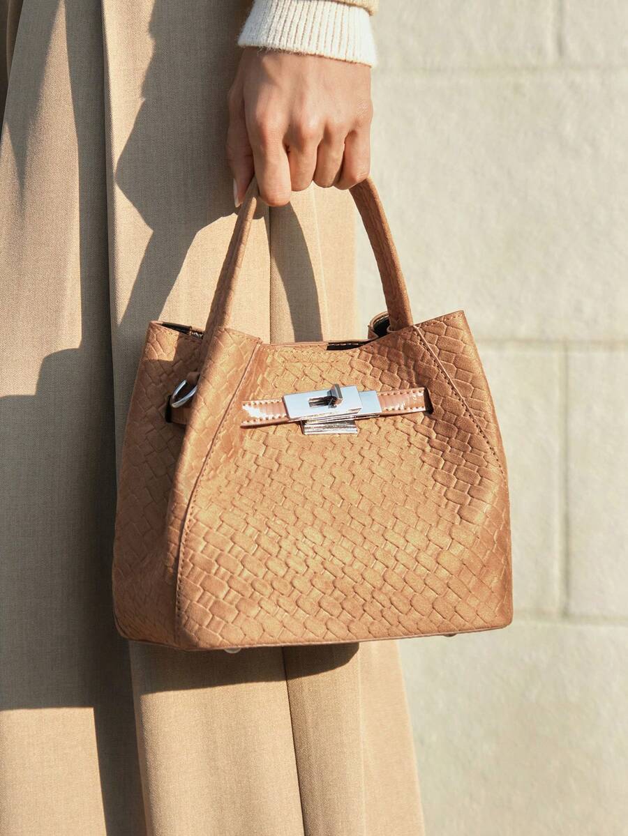 SHECARRY Ladies Khaki Suede Embossed Woven Handbag Bucket Bag For Commuting And Shopping - Brown - View 1