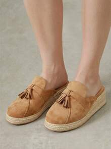 Styleloop Women's Autumn Camel Suede Fringed Bag Head Half-Tow, Round Head, Weave Wedge Heel, Thick Bottom Fashion, Wear Muller Slippers - Camel - View 6