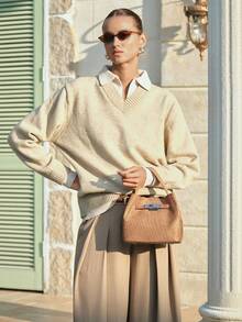 SHECARRY Ladies Khaki Suede Embossed Woven Handbag Bucket Bag For Commuting And Shopping - Brown - View 2