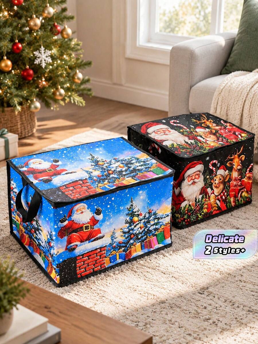 Christmas Cloud Storage Box, Santa Claus & Reindeer Printing, Design With Handles, Large Folding Storage Basket For Holidays, Dustproof Rectangular Organizer, Suitable For Christmas Decorations, Gift Wrapping, Clothing, Toys, Closet, Bedroom, And - Multicolor - View 1