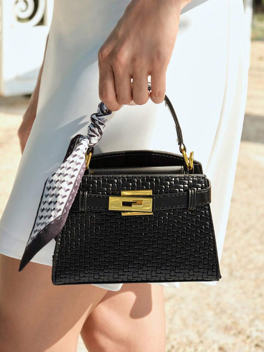 SHECARRY Ladies Small Lock Embellished Black Alligator Handbag, Suitable For Commuting And Shopping - Black - View 1