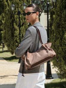 SHECARRY Ladies' Beige Faux Suede Spliced Shoulder Tote Bag, Suitable For Commuting And Shopping - Khaki - View 2