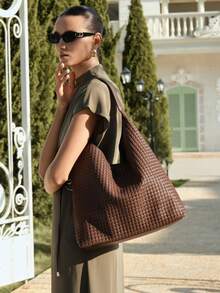 SHECARRY Women's Minimalist Embossed Woven Bag For Commuting, Vacations And Shopping - Coffee - View 2