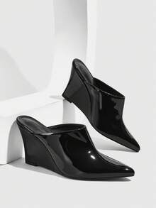CUCCOO SZL Women's Shoes Simple Pointed High Heels Black Patent Leather Muller Drag Commuter Wear Sandals - Black - View 6
