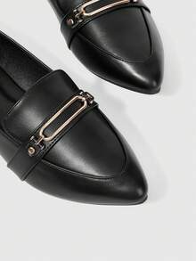 Sleekvia Women's Black Pointed Toe Loafers With Metal Square Buckle, Flat Soft Upper Slip-On Shoes For Office And Commute - Black Long Box Buckle - View 7