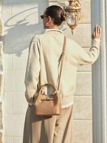 SHECARRY Ladies Khaki Suede Embossed Woven Handbag Bucket Bag For Commuting And Shopping - Brown - View 3