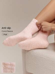 GLOWMODE Coral-Fleece Cozy Season Indoor Floor Socks With Non-Slip Grips & Woven Logo Daily Casual Winter Wear - Pink - View 1