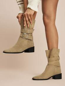 Daringsoles Women's Suede Retro Double-Buckle Square-Heeled Ankle Boots, Folded Boots And Metal Square-Buckled Western Style, Daily Commuting In Autumn And Winter Boots - Khaki - View 1
