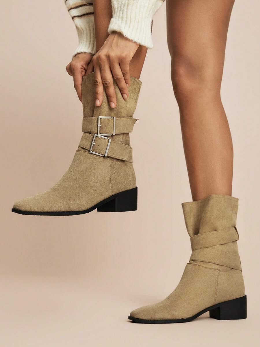 Daringsoles Women's Suede Retro Double-Buckle Square-Heeled Ankle Boots, Folded Boots And Metal Square-Buckled Western Style, Daily Commuting In Autumn And Winter Boots - Khaki - View 1