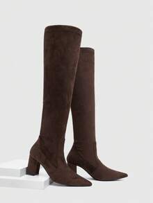 CUCCOO SZL Maillard Commuter Style Women Autumn And Winter Travel Dating Pointed Toe Thick Heel High Tube Elastic Fashion Boots Winter Boots - Coffee brown velvet - View 6