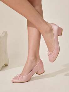 CUCCOO CHICEST Ladies Elegant Elegant Pink Bow Round Toe Thick Heel High Heel Comfortable Shoes Spring And Autumn Shoes - Pink - View 9