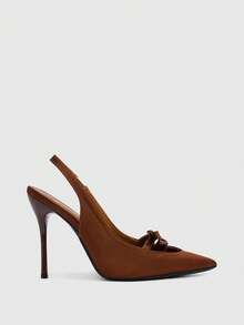 CUCCOO SZL Retro Satin Double Bow Pointed Back Strap High Heels, Brown-Tone Stiletto Sandals, Dating Atmosphere Women's Shoes - -144 brown - View 10