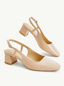 CUCCOO CHICEST Women Shoes New Simple Commuter Style Women's Four Seasons Workplace Dating Glossy Patent Leather Solid Color Square Toe Back Empty Buckle Thick - Apricot - View 6
