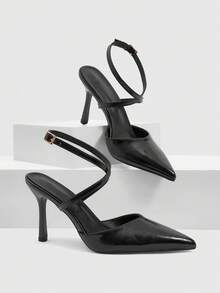 CUCCOO SZL Ladies Pointed Toe Stiletto Black Ankle Strap Back Empty Ladies High Heel Shoes Fashion Sexy Basic Classic Party Banquet Party Ladies Shoes - Black - View 10