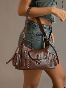 Viva Strut Ladies Shoulder Bag, Brown Y2K Punk Rivet Multi-Pocket Locomotive Bag, Large Capacity HOBO Bag, Sweet-Cool Girl Street Style, Daily Commute To Campus - Brown - View 7
