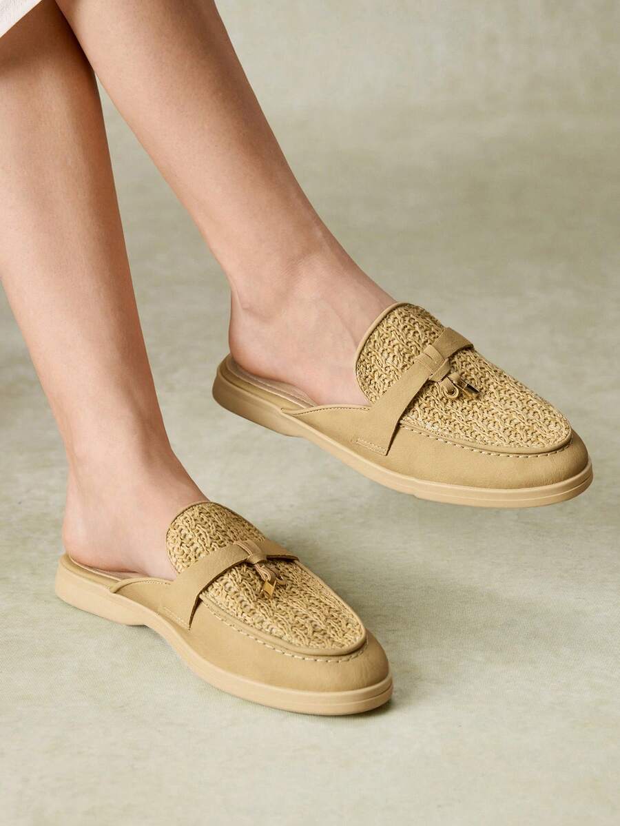 Styleloop Women's Fashionable Apricot Color Patchwork Comfortable Flat Mule Slippers, Suitable For Outdoor Casual Travel Style - Oatmeal Apricot - View 1
