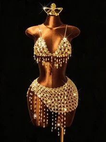 Mistrie Rhinestone Fringe Hem Cami Top & Skirt & Chain - Gold - View 5