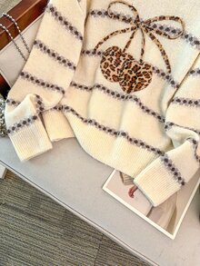 GlowEve CURVE Plus Size Leopard & Cherry Pattern Drop Shoulder Oversize Sweater Winter - Beige - View 7