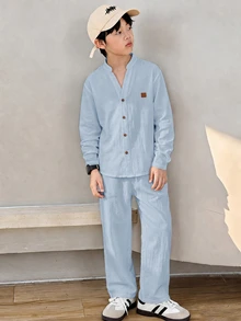 SHEIN Tween Boys Shirt Co-Ords - Dusty Blue - View 4