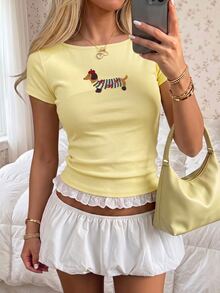 CovetEZ Letter & Cartoon Graphic Contrast Lace Tee - Pale Yellow - View 3