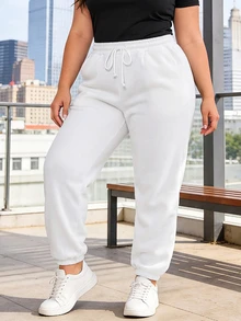 SHEIN BASICS Plus Size Comfortable Women's White Loungewear Sweatpants With Pockets And Adjustable Waist Gym Brunch Soft Modest Fall/Winter - White - View 7