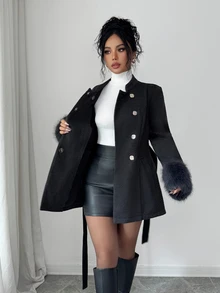 Elenzga 1pc Fuzzy Cuff Double Breasted Belted Overcoat - Dark Grey - View 4