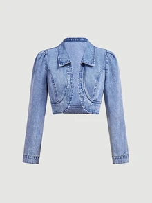 Sweetra Puff Sleeve Crop Denim Jacket - Blue - View 1