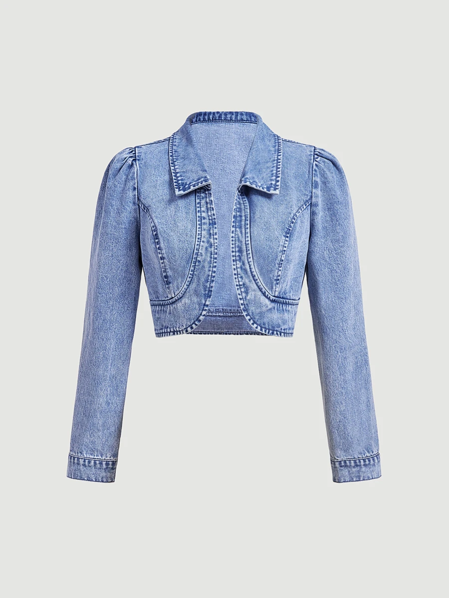 Sweetra Puff Sleeve Crop Denim Jacket - Blue - View 1