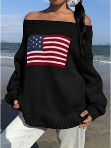 CovetEZ Suéter con hombros descubiertos y estampado de bandera estadounidense - Negro - Ver 4
