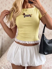 CovetEZ Letter & Cartoon Graphic Contrast Lace Tee - Pale Yellow - View 5
