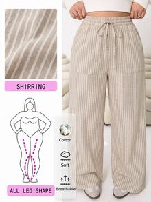 Solflare Plus Striped Print Drawstring Waist Wide Leg Pants - Khaki - View 1