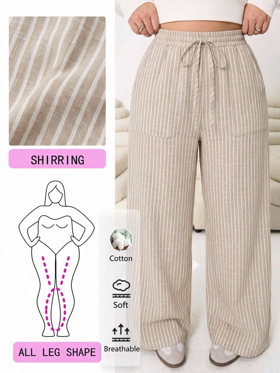 Solflare Plus Striped Print Drawstring Waist Wide Leg Pants - Khaki - View 1