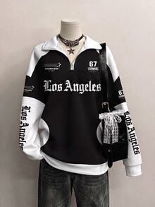 SHEIN EZwear 新款秋冬女款領口拉鍊運動衫/Y2K/街頭風/外出/返校/假期/秋季//休閒/學院風/CLUB/時尚/LA印花 - 彩色 - 查看 4