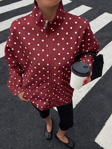 Muchica Polka Dot Print Zip Up Jacket - Burgundy - View 6
