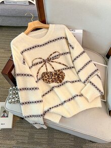GlowEve CURVE Plus Size Leopard & Cherry Pattern Drop Shoulder Oversize Sweater Winter - Beige - View 3