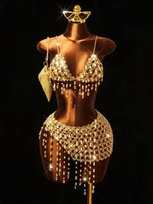 Mistrie Rhinestone Fringe Hem Cami Top & Skirt & Chain - Gold - View 2