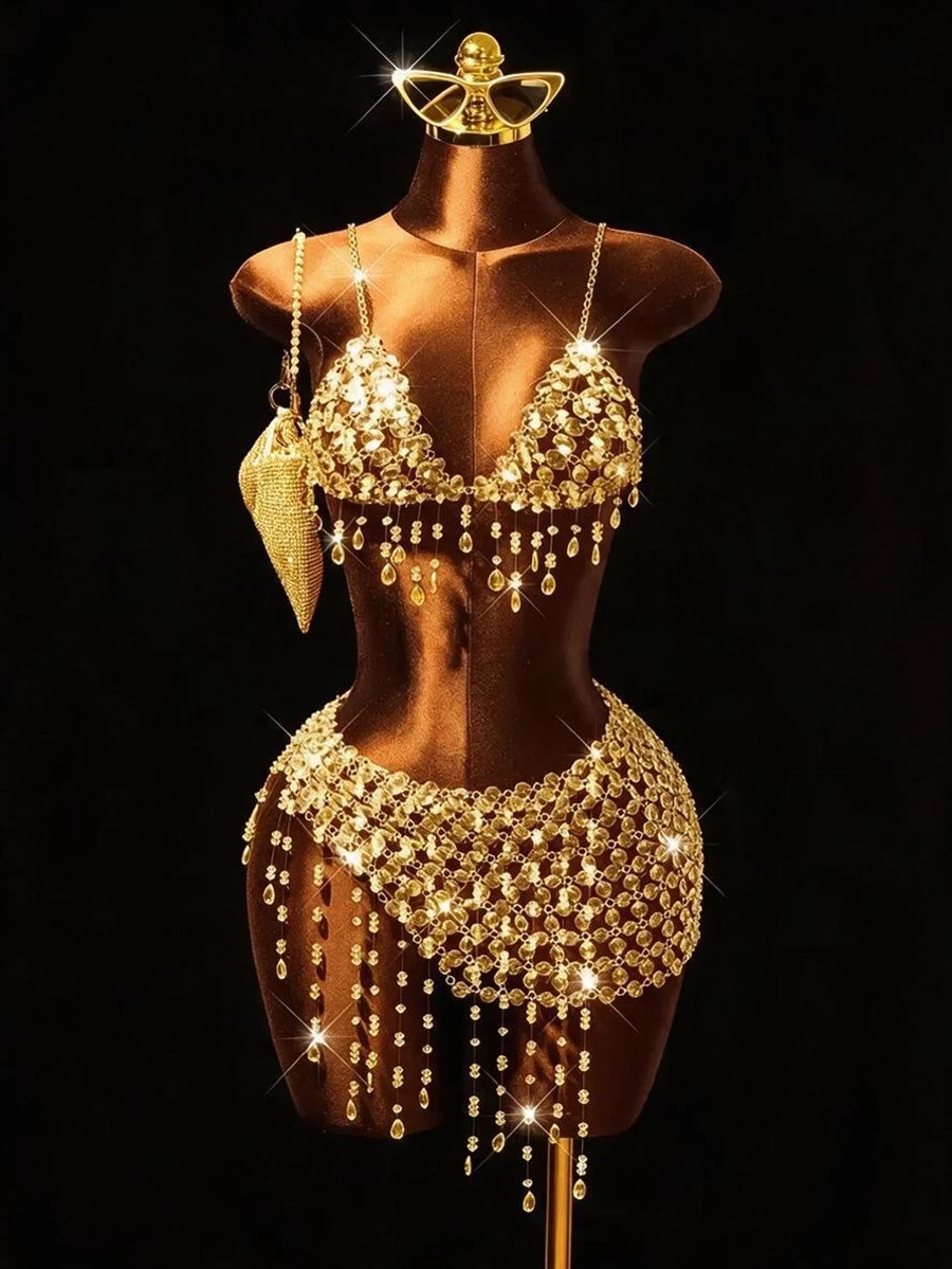 Mistrie Rhinestone Fringe Hem Cami Top & Skirt & Chain
