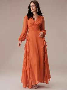 BELROSIE Lantern Sleeve Ruffle Trim Maxi Dress - Orange - View 5