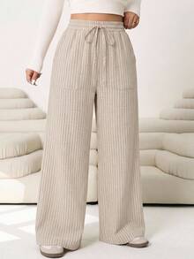 Solflare Plus Striped Print Drawstring Waist Wide Leg Pants - Khaki - View 3