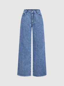 Sweetra Celana Jeans Pinggang Tinggi dengan Ujung Bawah Belum Dikerjakan dan Potongan Lebar - Biru - View 5