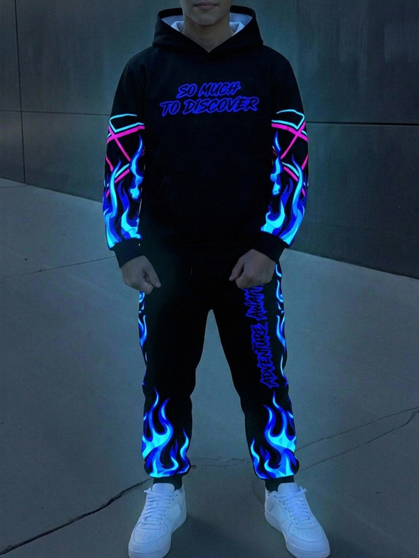 SHEIN Kids 2pcs Teen Boys Street Graffiti Fluorescent English Letter Hooded Sweatshirt And Sweatpants Set, Perfect For Autumn/Winter Back-To-School Season