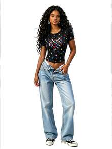 Zyxie Rhinestone Heart Print Crop Tee - Black - View 6