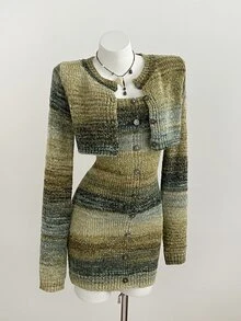 Elamini Minimalist Casual Sweet Women's Autumn/Winter Sage Green Cardigan Knit Dress - Multicolor - View 1