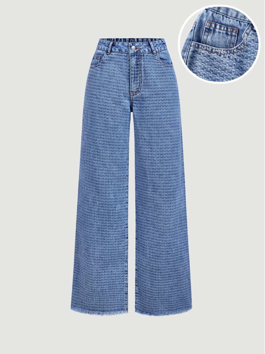 Sweetra Celana Jeans Pinggang Tinggi dengan Ujung Bawah Belum Dikerjakan dan Potongan Lebar - Biru - View 1