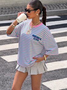 Muchica 女款 T恤 校園風 粉色條紋 街頭穿搭 Y2K 2000年代 - 彩色 - 查看 7