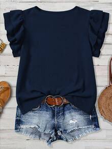 Mellowie Plus Solid Layered Ruffle Armhole Blouse - Blue - View 2