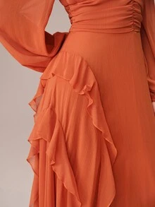 BELROSIE Lantern Sleeve Ruffle Trim Maxi Dress - Orange - View 3